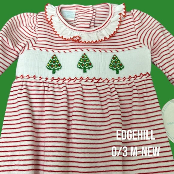 Edgehill Collection 0/3 M baby Girl Christmas Tree Smocked Sleeper Gown - Picture 2 of 8